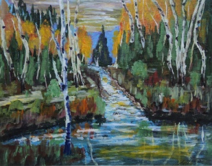 Birches by the River, #17076, $460, Acrylic, 11x14